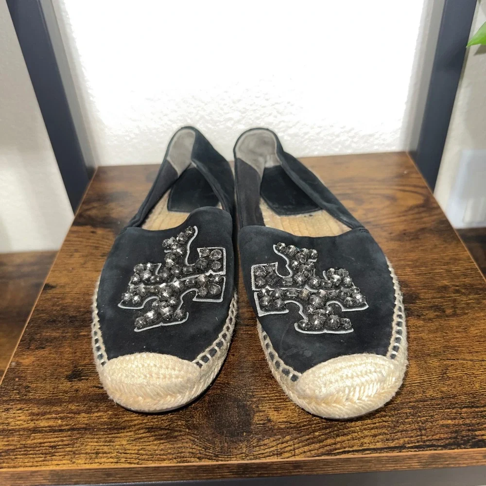 Tory Burch Black Suede Crystal Logo Espadrille Flats‎ Womens 6.5M 12423 923